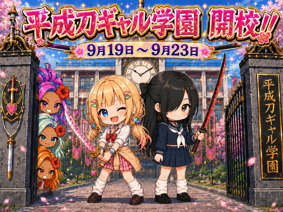 TSuga5795's tweet photo. 【平成刀ギャル学園　開校‼】
#平成刀ギャル学園3

皆さんチンチコール✋✨💕
日本刀をテーマにした月に一度の交流の祭典
「平成刀ギャル学園3」をただいまより開催します🏫✨

【開催日】9月19日(土)00:00～9月23日(水)23:59

【参加ルール】添付のインフォグラフィックを必ずお読みください🙇✨

参加は #平成刀ギャル学園3 のタグ付けでご参加下さい🎶

平成刀ギャル学園は参加者同士の交流を目的とした企画です🤝✨

オリジナルキャラクターを作成して参加すれば、2回目以降は他の参加者様のイラストをお借りして自キャラとのコラボイラストでの参加が可能に‼
私もどんどん参加者様のキャラクターとコラボさせていただきます💕

沢山の参加者様の中からコラボしたいキャラクターを見つけて、学園生活と日本刀をテーマにしたイラストにチャレンジしてみて下さいね🗡✨💕

アニメイラストだけでなく、実写キャラクターで活動されている方のご参加も大歓迎です✨

平成刀ギャル学園で新しい交流とお友達を見つけよう🤝

動画でのご参加もお待ちしております🎥🎶