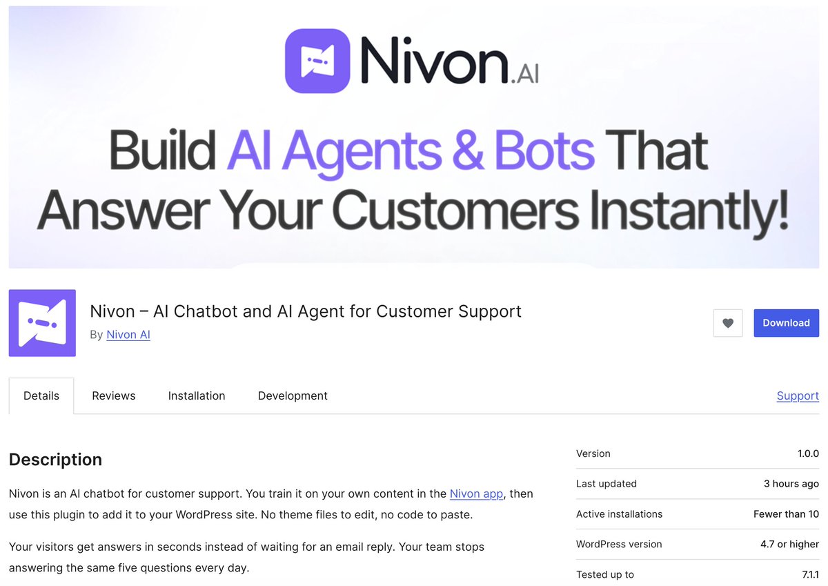 MusharofChy's tweet photo. Nivon AI WordPress plugin just got approved!
It's a simple plugin that loads the Nivon Agent widget based on your agent settings

If you're using WordPress, give it a try and let us know if there's anything we can improve 😊 https://t.co/Hh7oQdlHSO