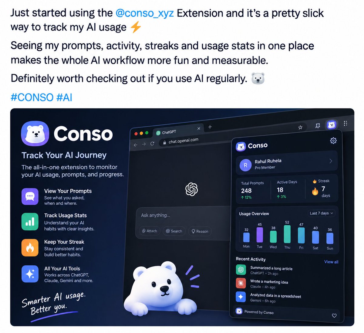 rah31ruh's tweet photo. Just tried the CONSO Extension and I really like the simple way it tracks my AI activity. ⚡️

It gives useful insights into prompts, usage, models and activity while adding a fun gamification layer with ZAPs, streaks and achievements. https://t.co/gPk96FMC7C