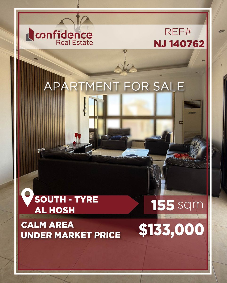 confidence_cre's tweet photo. FINAL PRICE: $133,000 + 2.5% Commission
Apartment for Sale | 3 Bedrooms | 2 Terraces | Al Hosh – Sour
FOR MORE INFO DO NOT HESITATE TO CONTACT US ON:71 000 850
REF#NJ140762
#AlHosh #Sour #Tyre #SourLebanon #TyreLebanon #SourRealEstate #LebanonRealEstate
#CONFINJ
S https://t.co/rzYQO5eDIE