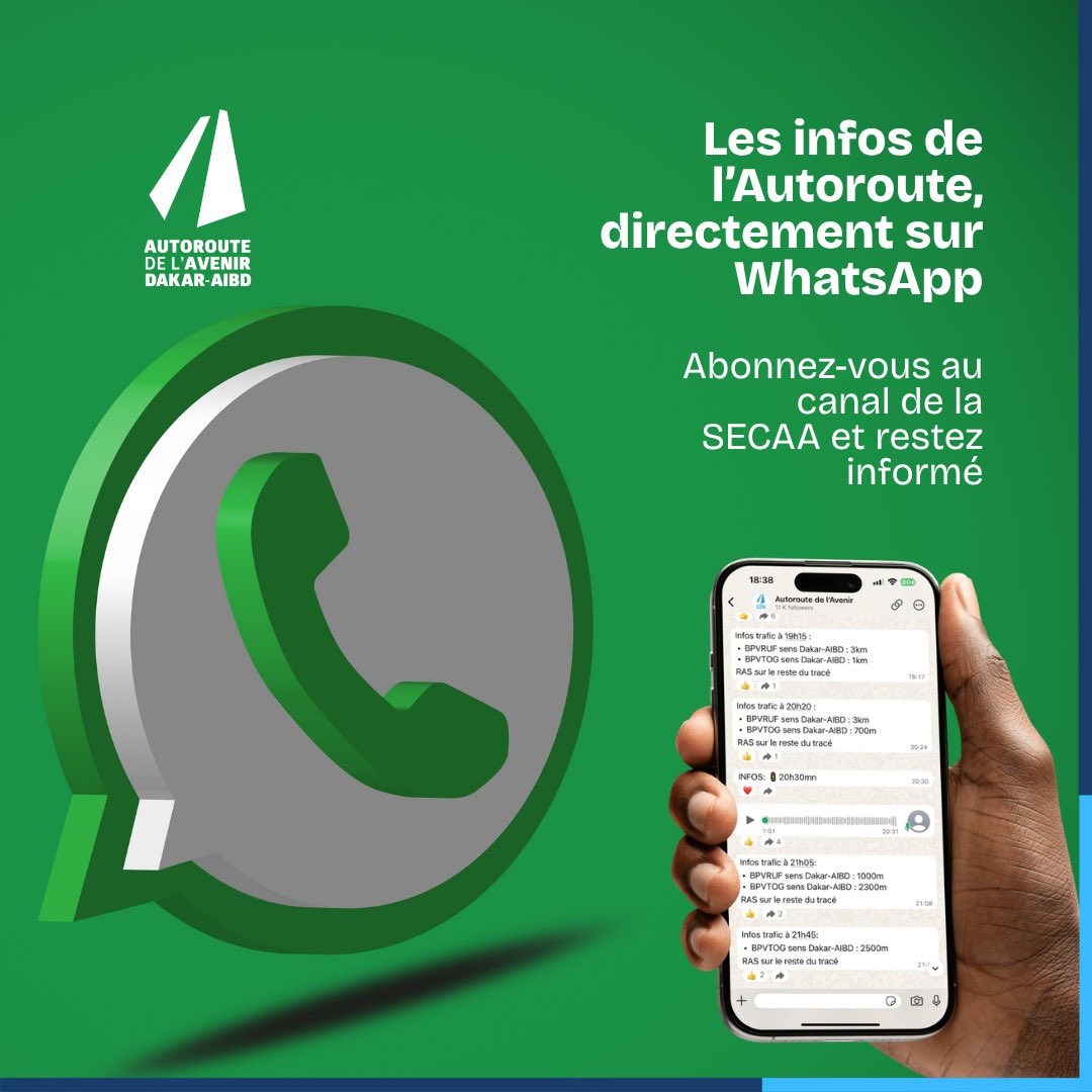 autorouteavenir's tweet photo. Vous empruntez régulièrement l’Autoroute de l’Avenir ?
Abonnez-vous à notre canal WhatsApp officiel et recevez nos alertes trafic, actualités et conseils de sécurité.
👉 https://t.co/cXpHDfl6gb
#SECAA #AutorouteDeLAvenir #WhatsApp https://t.co/69h1BRtJJz