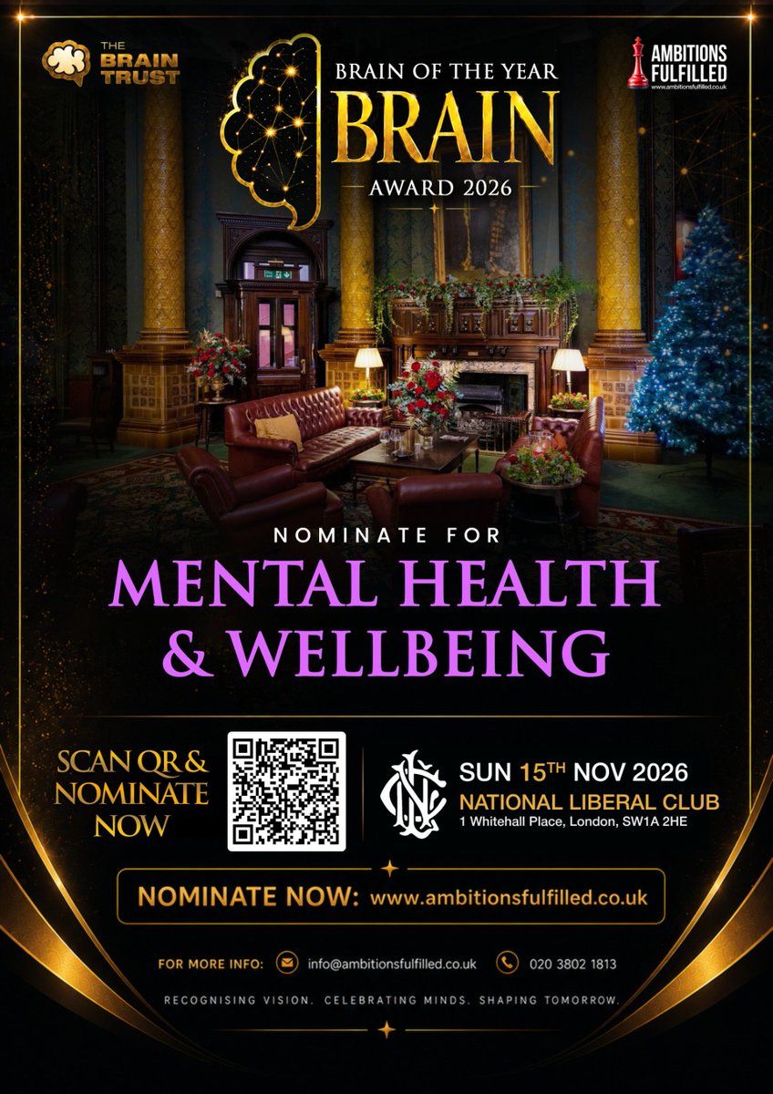 AMBITIONSF36476's tweet photo. 🧠 Celebrating Minds That Make a Difference

Nominations are now open for the Mental Health &amp; Wellbeing category at the Brain of the Year – BRAIN Award 2026.

Scan the QR code on the post to submit your nomination.

Nominate now: https://t.co/M2JMAlzphw

#BrainAwards2026 https://t.co/xqbN7Jb1zk