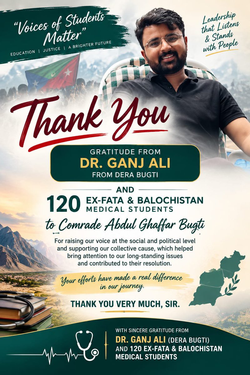 BugtiYouth's tweet photo. Thanks to President Bugti Youth Organization Abdul Ghaffar Bugti, whose efforts helped raise the voice of 120 Ex-FATA &amp; Balochistan medical students and contributed to the resolution of their issue. https://t.co/etImcSBDSp