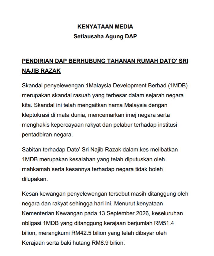 EkonomiRakyatMY's tweet photo. DAP menegaskan pendiriannya untuk terus menuntut keadilan dan akauntabiliti dalam skandal 1MDB, termasuk memastikan penyelewengan disiasat secara menyeluruh dan pihak yang bertanggungjawab dibawa melalui proses undang-undang yang bebas dan adil. 

Pada masa yang sama, DAP menghormati kuasa pengampunan Yang di-Pertuan Agong seperti yang diperuntukkan dalam Perlembagaan Persekutuan, manakala pandangan Hannah Yeoh sebagai anggota Lembaga Pengampunan disifatkan selaras dengan prinsip parti.