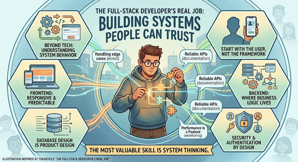 Siddikur85's tweet photo. Full-stack development isn't just knowing frontend  backend.
It's understanding the entire system:
Frontend → API → Backend → Database → Auth → Security → Testing → Deployment → Monitoring
AI can help write code faster.
But developers still
#FullStack #WebDev #Programming https://t.co/UJ90j1suFO