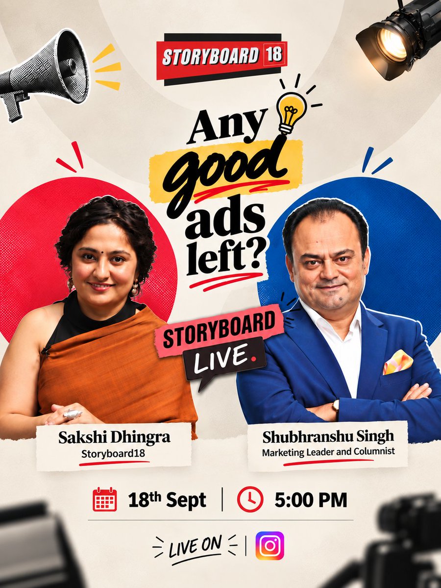 Storyboard18_'s tweet photo. Are there any decent advertisements left? Or have we all been clicking "Skip Ad" without thinking?

What even is marketing these days, given the rise of comedy, creators, culture, and three-second attention spans?

Join us for an unvarnished discussion with marketing leader @ShubSinghKing as we examine what has evolved, what is succeeding, what is failing, and whether effective advertising can still stop us from scrolling.

A fast-paced round that might get intriguing, legendary advertisements, dubious jargon, hot takes, and the breaking of old prohibitions are all to be expected.

#StoryboardLive #Storyboard18 #Ads #Advertising #Marketing #Branding #MarketingTalks #AdLife #CreativeAdvertising #DigitalMarketing #InstagramLive #MarketingIndia #AdvertisingIndia