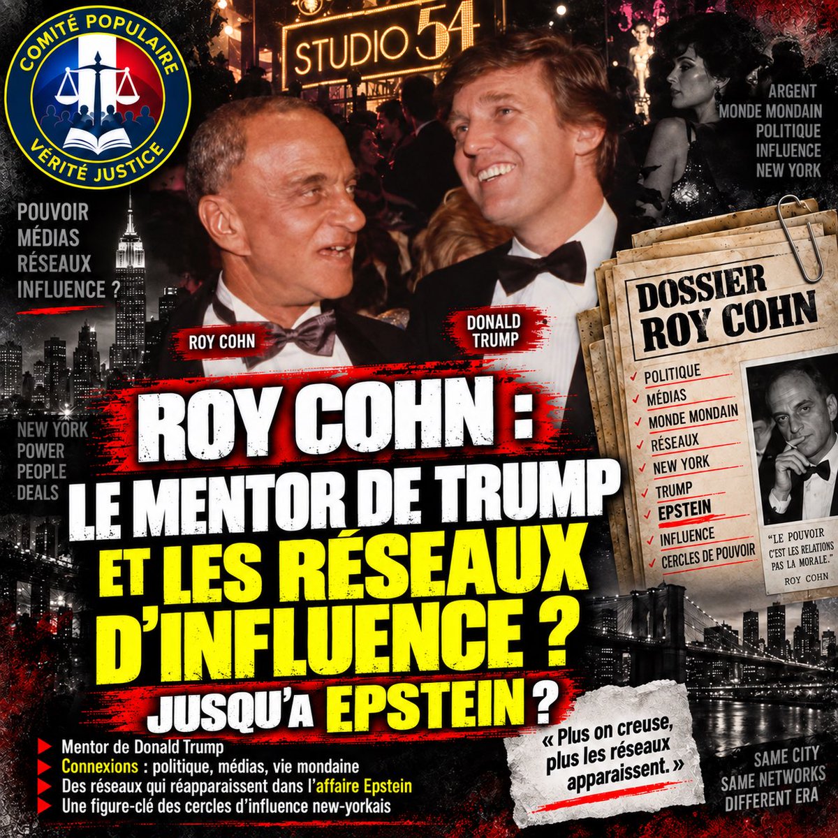 VeriteEpstein's tweet photo. 🔴 Avant #Epstein, il y avait Roy Cohn. Mentor et avocat de Donald #Trump, il évoluait entre politique, médias et figures du crime organisé à New York. Un parcours qui montre que ces réseaux d’influence ne datent pas d’hier. #EpsteinFiles https://t.co/Kx97WIeQ02