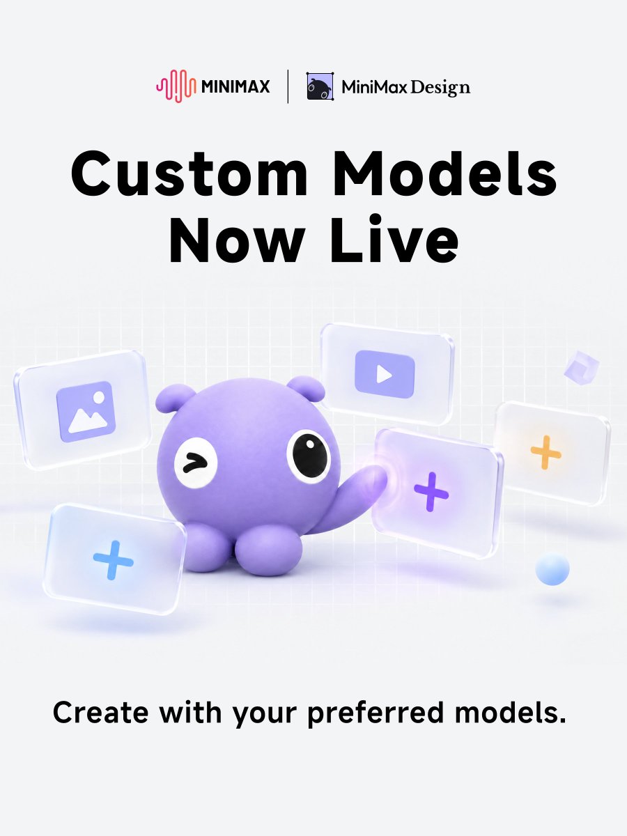 Hailuo_AI's tweet photo. 🎉 MiniMax Design Update
💸 Save 20% on annual plans.
🛠️ Custom model support is now live.
Create with your preferred models now>> https://t.co/wt5acj0CeR
#MiniMaxDesign #MiniMax