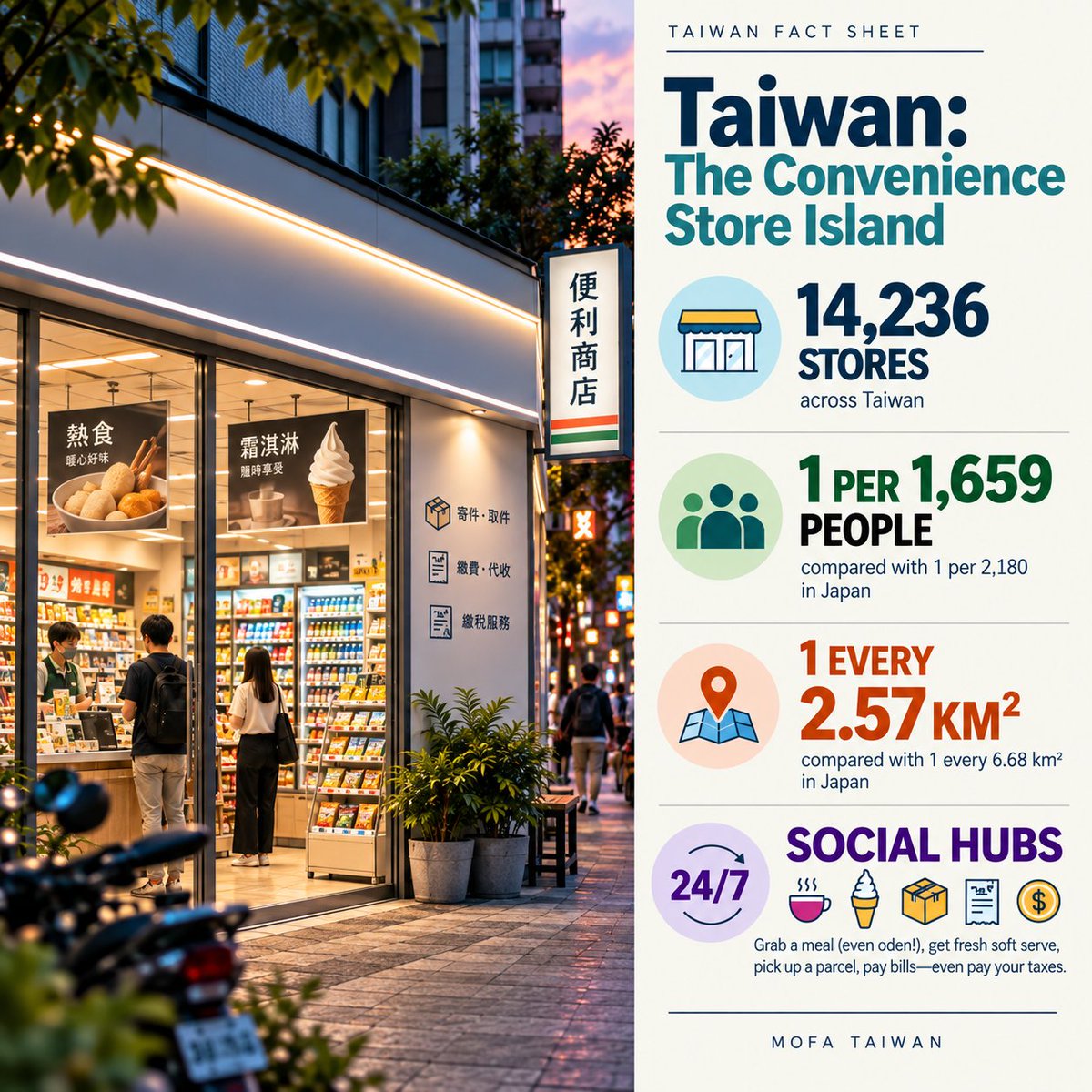 MOFA_Taiwan's tweet photo. 🏪 Grab dinner. Pick up a parcel. Pay your bills—even your taxes—24/7.

In #Taiwan🇹🇼, the neighborhood convenience store is much more than a place for snacks. With over 14,000 across the island, discover why they’re 24/7 social hubs in this week’s #TaiwanFactSheet. https://t.co/6RKQDD1GXI
