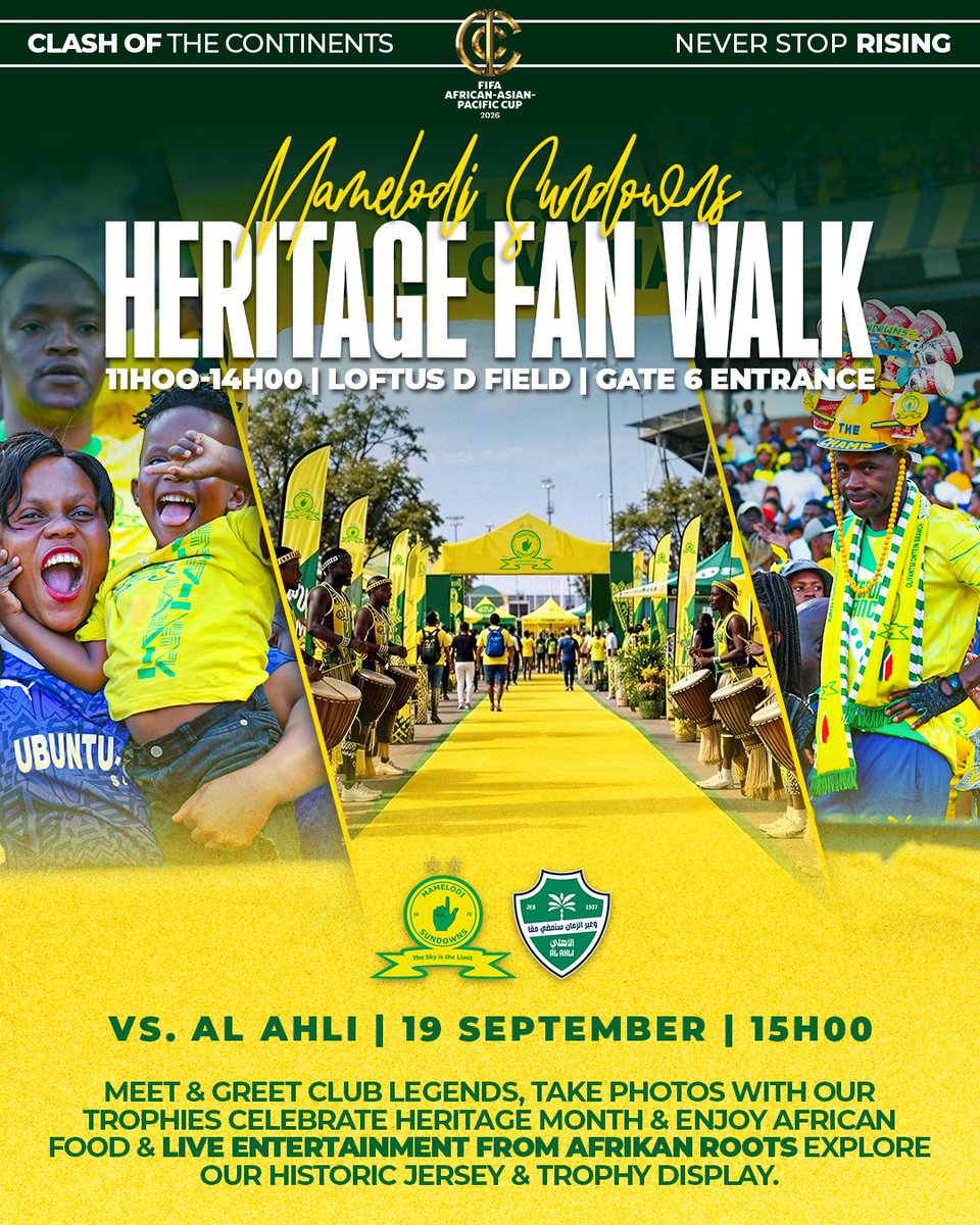 Masandawana's tweet photo. 𝗛𝗘𝗥𝗜𝗧𝗔𝗚𝗘 𝗙𝗔𝗡 𝗣𝗔𝗥𝗞 💛

Bring the whole crew and start your matchday at the D Field! Activities, entertainment and plenty of Yellow Nation fun await before the continental clash🔥

📍 Loftus Versfeld D Field
⌚️ 11:00 – 14:00
🎟️ Secure your ticket here: https://t.co/6ZqZTAg3Su

#Sundowns #NeverStopRising