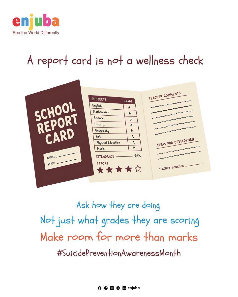 enjuba1's tweet photo. A full page of A's can still hide a child who's struggling.
Make room for more than marks.

#SuicidePreventionAwarenessMonth https://t.co/9MJCY0lOn9