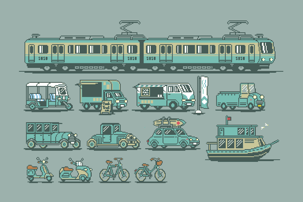 soso_is_sogood's tweet photo. これまで描いた乗り物ドット絵がどれもかわいい
#ドット絵 #pixelart https://t.co/B1aUy7rwhN
