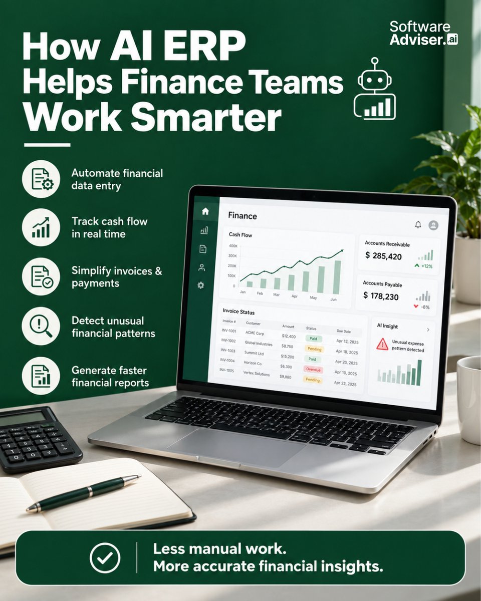 SoftAdviserAI's tweet photo. AI ERP 

AI-powered ERP helps businesses automate workflows, connect data, and turn real-time insights into smarter decisions. 

Best AI ERP Software in USA (2026) – Compare Top Tools &amp; Pricing

#AIERP #ERPSoftware #BusinessAutomation #AIForBusiness #SoftwareAdviser https://t.co/FWvJNShxBW