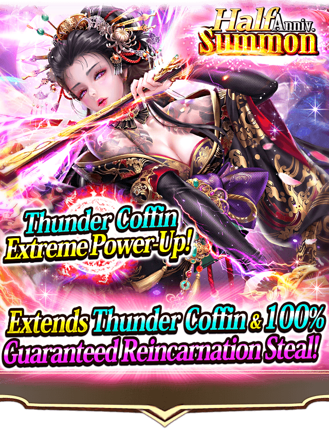 DarkSummoner_us's tweet photo. ✨ "Half Anniv. Summon" Now Live! ✨

New monster "Shiranui,Bleak of Thunder" has arrived!

A bewitching oiran clad in jet-black robes and enveloped in dark purple lightning. She confuses the enemy ranks with illusory purple lightning.

#DarkSummoner https://t.co/YJHquvsN5G