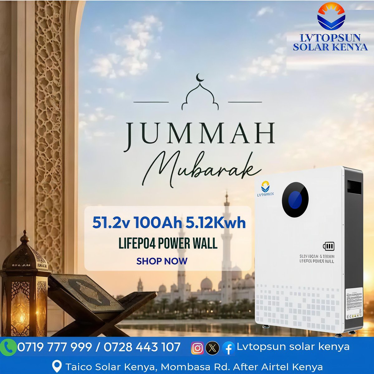 LVTOPSUNKE's tweet photo. Assalamu Alaikum! 🌙 Jummah Mubarak!
Elevate your home energy security this blessed Friday with the LVTOPSUN 51.2V 100Ah (5.12kWh) LiFePO4 Power Wall built for long-lasting, reliable backup power. 
📍 Location: Mombasa Rd. After Airtel Kenya 
📞 Shop Now: 0719 777 999 | 0728 443 107 
#LVTOPSUN #JummahMubarak #LithiumBattery #PowerWall #GoSolar #CleanEnergyKenya