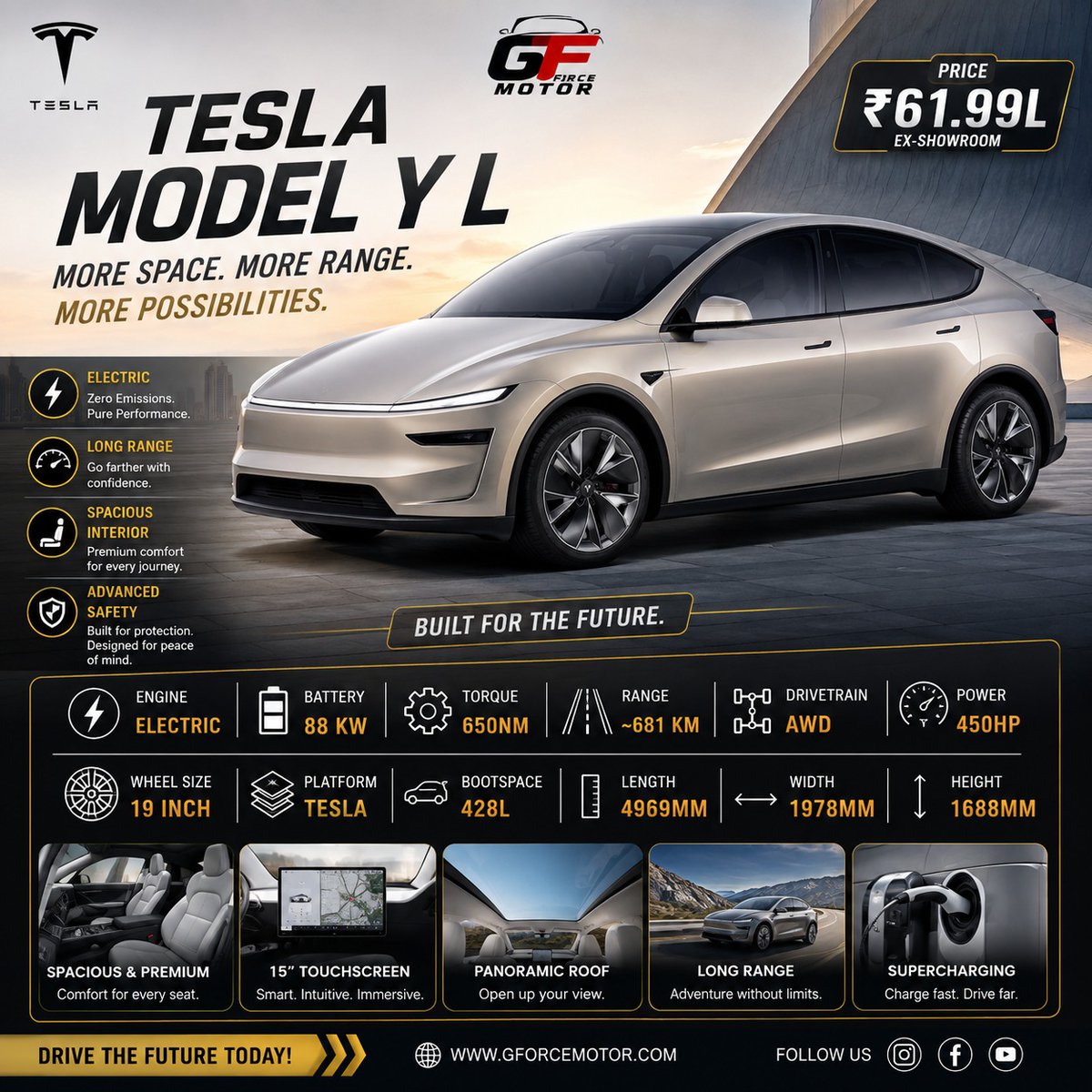 DeedeeLuyzda's tweet photo. Tesla Model Y L: more space, more range, more possibilities. 6 seats, ~681 km range, 450 HP, 650 Nm, AWD, premium tech and a spacious 3-row cabin. Price: ₹61. 99 lakh ex-showroom. Which colour would you choose? https://t.co/DIjmuqryg3
