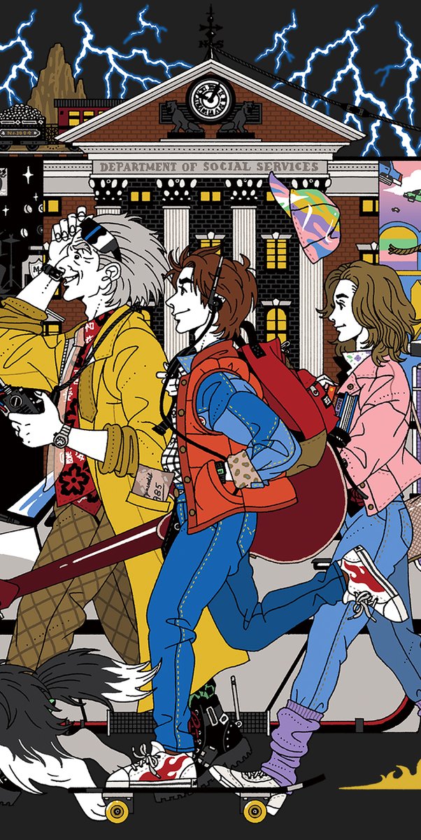 kazekissa's tweet photo. ◀BACK TO THE FUTURE■■を描ける未来が来るなんて🔥 10/10～なんばマルイのポップアップでTシャツやポスター等このイラストのグッズをぜひ／ https://t.co/YiqQH74Y13