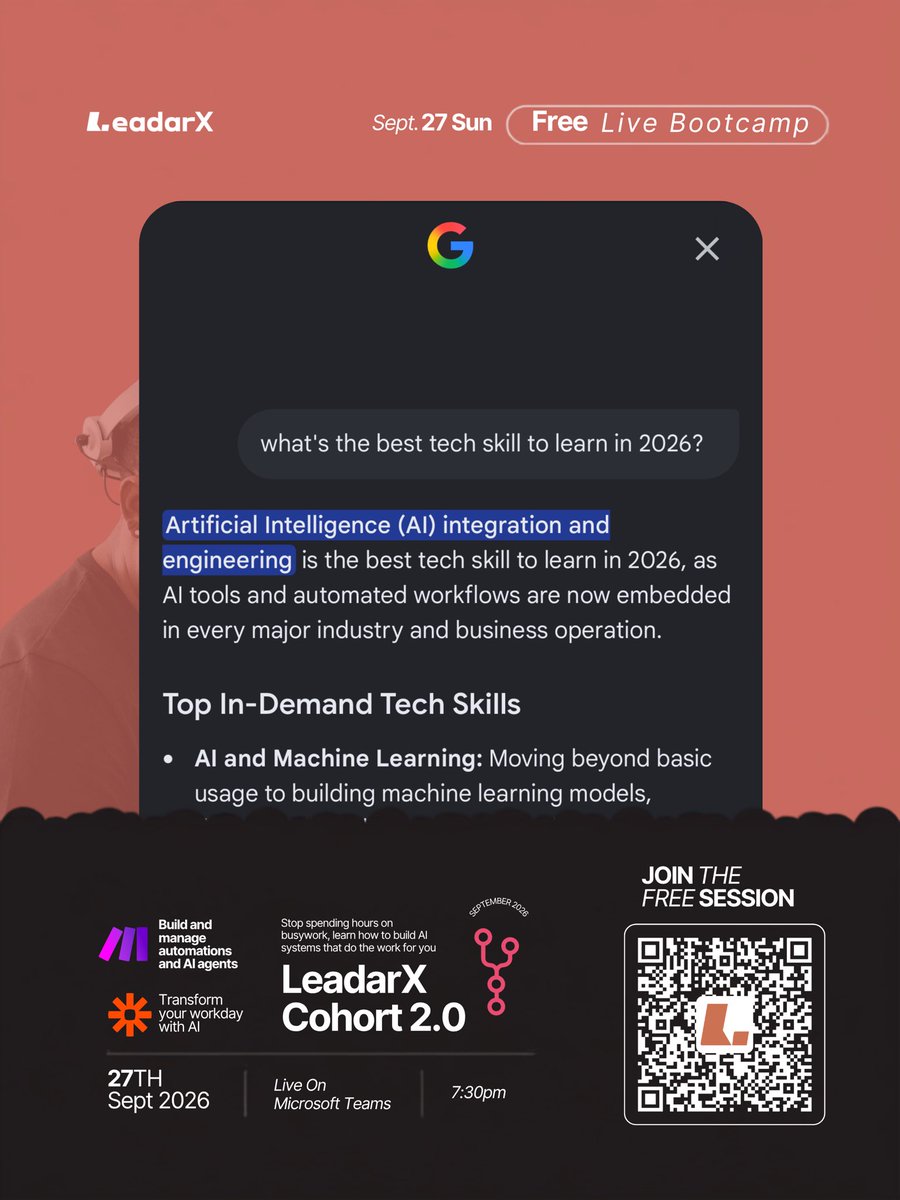 leadarxhq's tweet photo. Ready to turn logic into a high-paying career?
Join our FREE Live Bootcamp: Sunday, Sept 27th
✅ AI Automation skills in demand
✅ No-code systems (no degree needed)
✅ Real income potential + live Q&amp;A
Zero experience required.

Link in comments 

#AIAutomation #NoCode #Tech https://t.co/RpwOBtZvJj