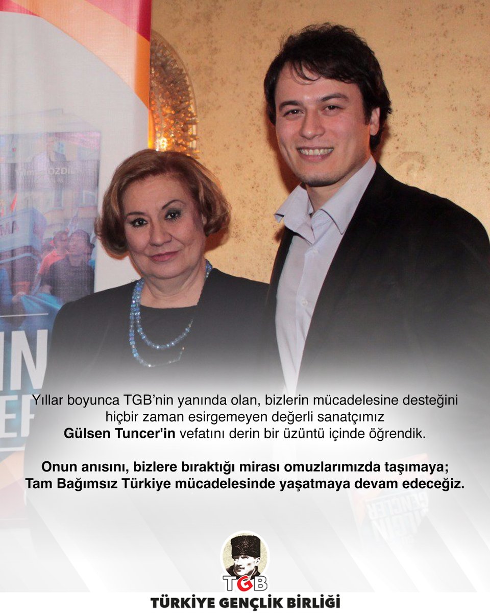 genclikbirligi's tweet photo. Yıllar boyunca TGB’nin yanında olan, bizlerin mücadelesine desteğini hiçbir zaman esirgemeyen değerli sanatçımız Gülsen Tuncer'in vefatını derin bir üzüntü içinde öğrendik.

Onun anısını, bizlere bıraktığı mirası omuzlarımızda taşımaya; Tam Bağımsız Türkiye mücadelesinde yaşatmaya devam edeceğiz.

Milletimizin başı sağ olsun.