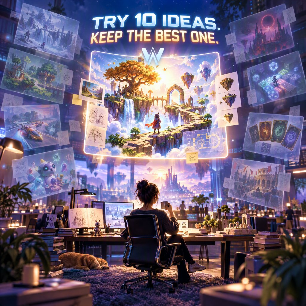 AIWORLDSGAMES's tweet photo. 🧑‍🎨 Your AI co-designer has no ego

Try 10 ideas. Keep the best one. Throw away the other 9.

Experimenting shouldn’t feel expensive.

The faster you can test ideas, the more ambitious your game design can become.

👉 https://t.co/2eHVhLCfQa https://t.co/R3C4vIfESQ