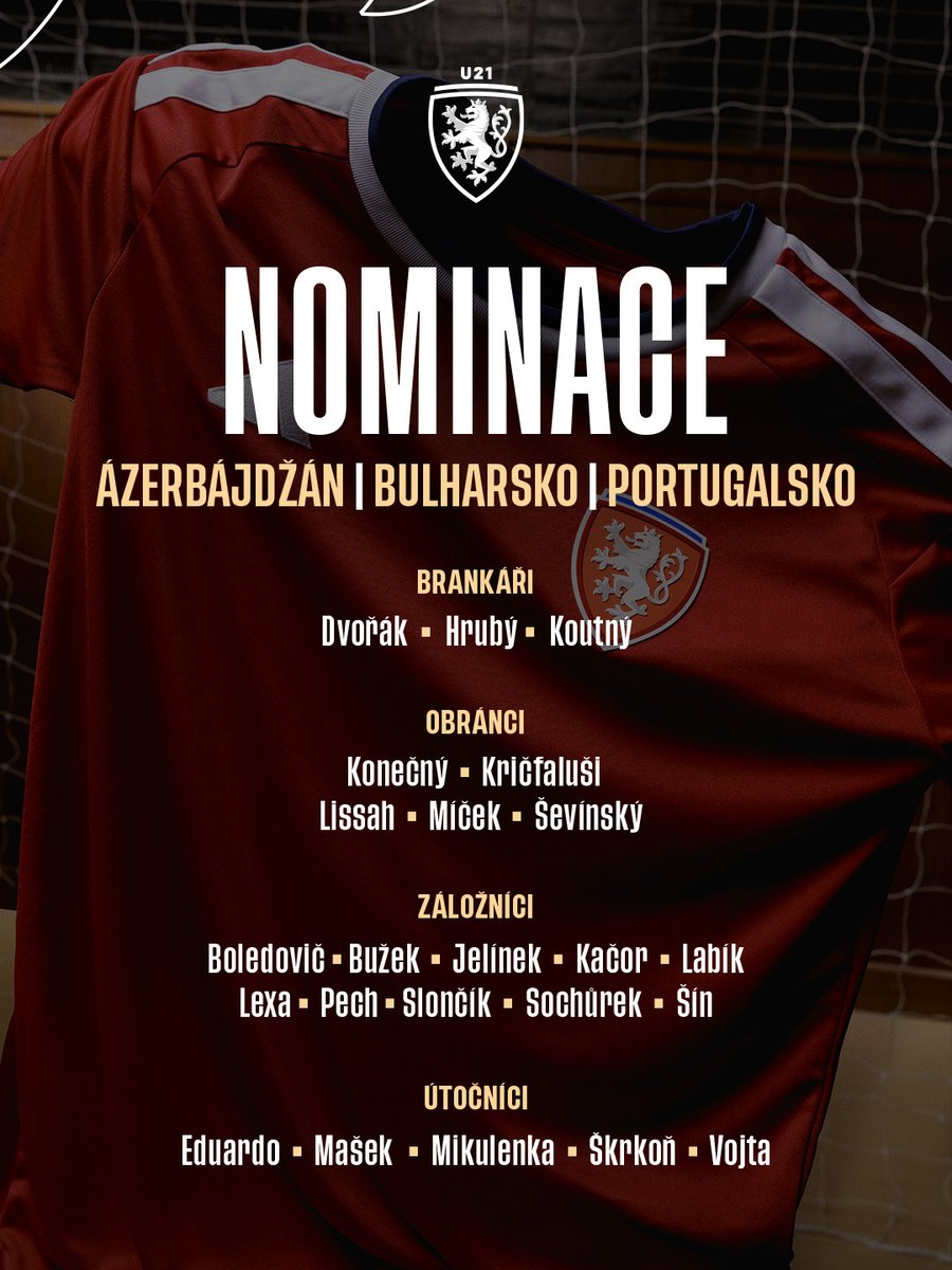 ceskarepre_cz's tweet photo. 🦁 21 | Po dlouhých měsících se Lvíčata vrátí do boje o EURO do 21 let! 💪 Pro utkání s Ázerbájdžánem, Bulharskem a Portugalskem nominoval Michal Bílek těchto 23 jmen. 📜🇨🇿 https://t.co/Ih0NdTyfNR