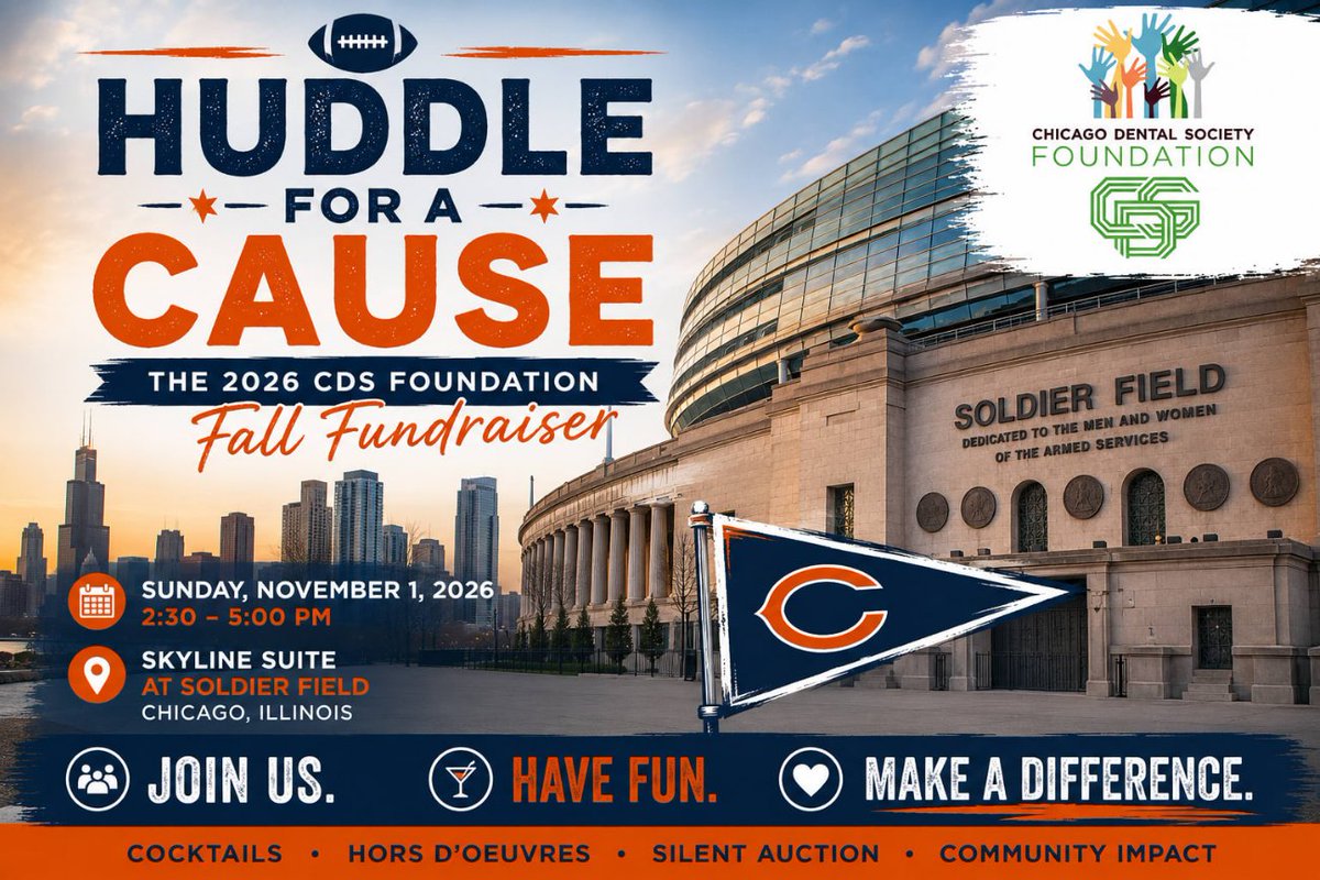 Chicago_Dental's tweet photo. Join the CDS Foundation for Touchdowns & Toasts, a @ChicagoBears-spirited fundraiser at Soldier Field's Skyline Suite on Sunday, November 1, 2026 from 2:30 - 5:00 p.m.

This event will feature cocktails, a silent auction, and an exclusive stadium tour, all benefiting oral health programs like the CDS Foundation Dental Clinic. Early bird tickets are available through October 1!

🎟️ Get tickets, become a sponsor, or donate an item: https://t.co/zJhCxXxFve

#dentist #dentistry #chicago #givingback