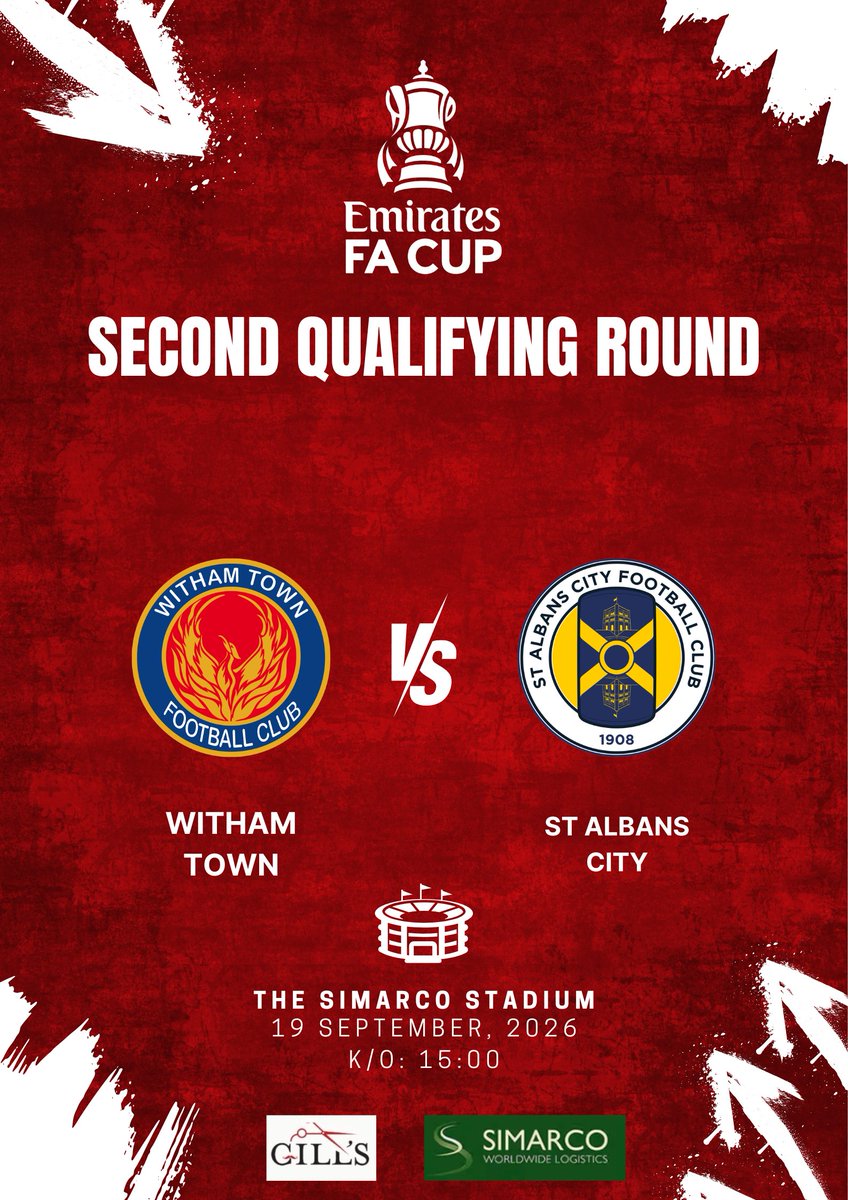 Withamtownfc's tweet photo. It's Matchday

We are in the @EmiratesFACup Second Qualifying Round against St Albans City.

Kick Off: 15:00pm
Food & Drink available
Turnstiles open at 14:00pm

Ticket Prices:
Adult: £10
Concession: £5
Under16s: £2 (must be accompanied by a paying adult)

Season tickets are not available for this match