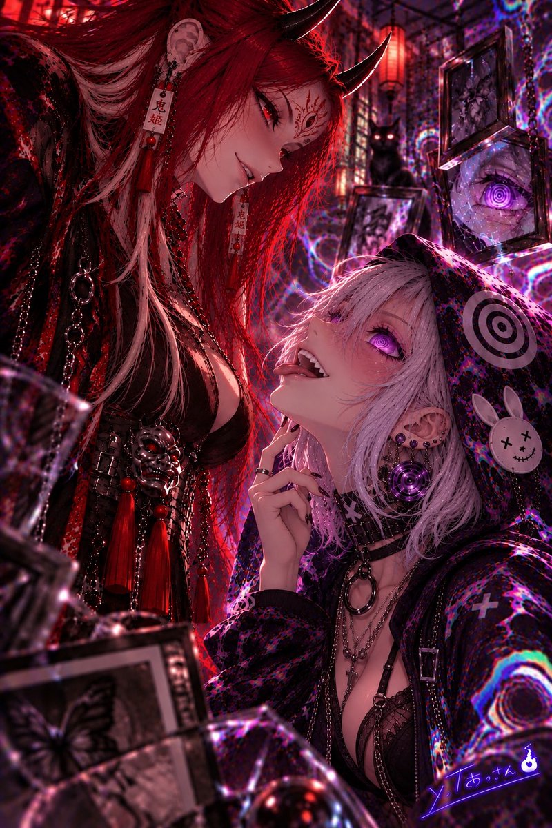 yt_ossan_'s tweet photo. #推せ推せうちの子召喚祭
参加させてもらいます！

サイケちゃんと鬼姫、作りました！
2人の特徴を残しつつ、自分の好きな雰囲気で現代風と和風にしてみました😈🌀
自分の中ではこんなイメージです！ https://t.co/b9tRC00FYS