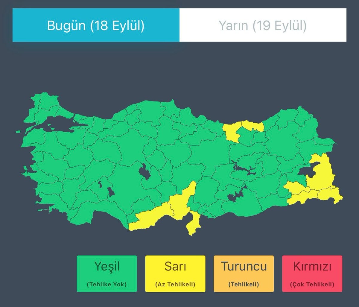 TC_icisleri's tweet photo. Meteoroloji Genel Müdürlüğü'nden (@meteoroloji_twi) alınan son bilgilere göre;

🗓️ 18 Eylül 2026 Cuma günü;

📍 Mersin, Adana ve Hatay'ın kıyı kesimlerinde aralıklı ve yerel olarak kuvvetli sağanak ve gök gürültülü sağanak yağış bekleniyor.

📍 Hakkari ve Şırnak çevreleri ile Van'ın güney, Siirt'in doğu kesimlerinde, güney ve güneybatı yönlerden kuvvetli rüzgar ve fırtına bekleniyor.

📍 Doğu Karadeniz'de görülecek sağanak ve gök gürültülü sağanak yağışların, bu akşam saatlerinden sonra bölgenin batısından başlayarak Giresun, Trabzon, Rize ve Artvin çevrelerinde kuvvetli ve yer yer çok kuvvetli yarın (Cumartesi) Rize kıyıları ile Artvin'in kuzeyinde çok kuvvetli ve yer yer şiddetli olması bekleniyor. 

⚠️ Vatandaşlarımızın sel, su baskını, yıldırım, yağış anında kuvvetli rüzgar, küçük çaplı dolu yağışı, ulaşımda aksamalar, çatı uçması, ağaç ve direklerin devrilmesi gibi olumsuzluklara karşı dikkatli ve tedbirli olmasını; yetkili mercilerin uyarılarını dikkate almalarını önemle hatırlatıyoruz.

#AFAD 🇹🇷
