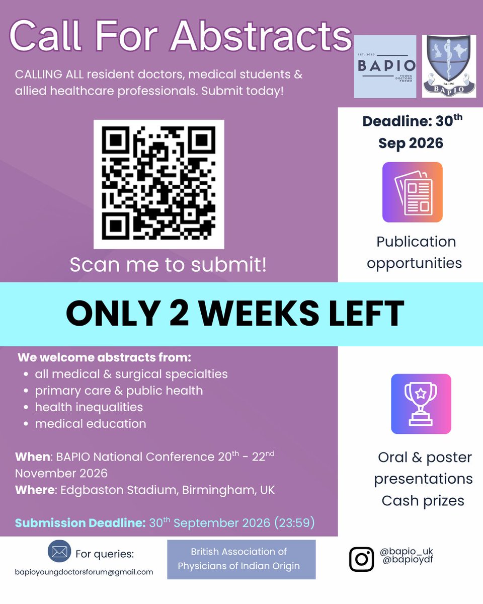 BAPIOUK's tweet photo. We are pleased to announce the Call for Abstracts for the BAPIO Research &amp; Innovation (R&amp;I) National Conference    
Submission deadline: 30th September 2026 23:59  
Acceptance notification: 7th October 2026

Submit your abstract here: https://t.co/yk4nGFGYCu 

#BAPIOYDF #BAPIO https://t.co/4CmY8VBZrX