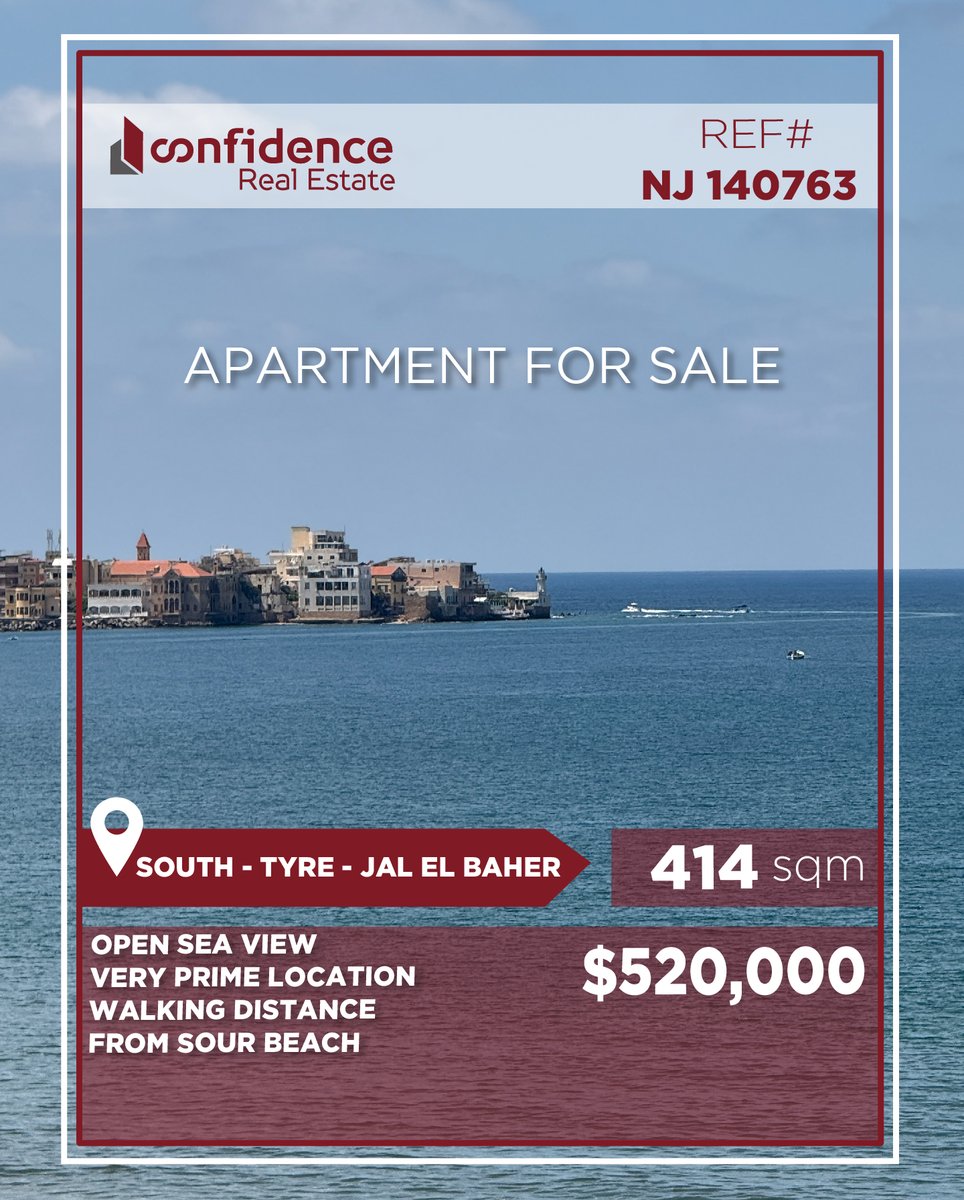 confidence_cre's tweet photo. FINAL PRICE: $520,000 + 2.5% Commission
Spacious 414 SQM Apartment | Open Sea View | Very Prime Location – Jal El Baher, Tyre
FOR MORE INFO DO NOT HESITATE TO CONTACT US ON:71000850
REF#NJ140763
#JalElBaher #Tyre #Sour #JalElBaherRealEstate
#CONFINJ
J https://t.co/lVWBmp6BRG