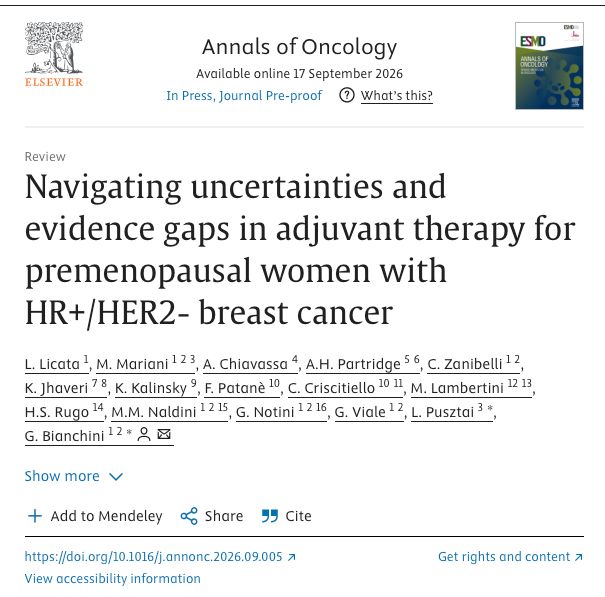 OncoAlert's tweet photo. Are we truly personalizing treatment for premenopausal women with HR+/HER2− early breast cancer—or still applying evidence largely built around postmenopausal populations? 🎗️

https://t.co/E2ZV4i0iP4

Navigating uncertainties and evidence gaps in adjuvant therapy for premenopausal women with HR+/HER2- breast cancer

Premenopausal women with HR+/HER2-negativeearly #BreastCancer face distinct biological and clinical challenges, with important evidence gaps remaining.
 ➡️ Endocrine therapy💊 , ovarian function suppression, and CDK4/6 inhibitors require careful individualization, while genomic 🧬 assays may be difficult to interpret when considering chemotherapy. 
➡️ Treatment decisions must also address toxicity, adherence, fertility and pregnancy, and survivorship. A shared decision-making approach is essential to balance recurrence risk, treatment burden, long-term health, and patient preferences. 

An AMAZING LIST OF AUTHORS made of many of our @OncoAlert 🚨 Faculty
@AnnPartridgeMD, @jhaveri_komal, @KalinskyKevin, @CarmenCriscit, @matteolambe, @hoperugo, @BianchiniGP 

 @JavierCortesMD
@FAndreMD 
@ErikaHamilton9 
@DrSGraff 
@aftimosp 
@ElisaAgostinett 
@raalbany 
@jamecancerdoc 
@Icro_Meattini
@stolaney1 
@maryam_lustberg
@LoiSher 
@stage4kelly 
@to_be_elizabeth
@RebeccaDSing 
@double_whammied 
@itsnot_pink 
@coffeemommy  
 @JaniceTNBCmets 
@TanjaSpanic 
 @christeeny513 
@stage4kelly 
@E_de_Azambuja