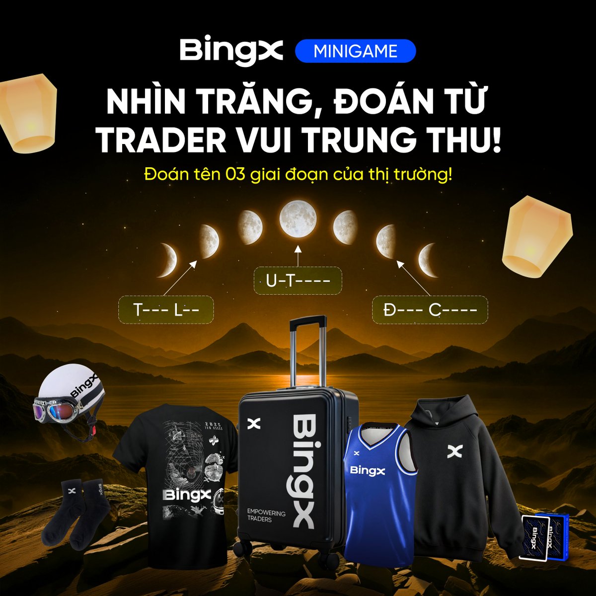 BingXVietnam's tweet photo. 🥮 [Minigame] Nhìn Trăng, Đoán Từ - Trader Vui Trung Thu

Trăng khuyết rồi lại tròn, thị trường Up rồi lại Down.
Dự đoán ngay 03 từ trong ảnh & nhận quà may mắn từ BingX!

⏰ Thời gian: 18/09 - 27/09/2026
🎁 Phần thưởng:
 05 giải "Rước quà thông tuệ" - Combo Merch BingX bí ẩn & $5/bạn
      → Trả lời đúng cả 03 từ & may mắn
10 giải "Đón trăng may mắn" - $30 Voucher Bonus/bạn
     → Ngẫu nhiên người chơi hợp lệ

🎮 Thể lệ:
      1️⃣ Follow X @BingXVietnam 
      2️⃣ Đăng lại công khai bài viết này
      3️⃣ Comment đáp án của bạn

Tham gia săn quà Trung Thu ngay!
--
Nội dung này được cung cấp vì mục đích thông tin, không cấu thành lời mời, đề nghị hay khuyến nghị sử dụng dịch vụ. Giao dịch luôn tiềm ẩn rủi ro biến động giá.
