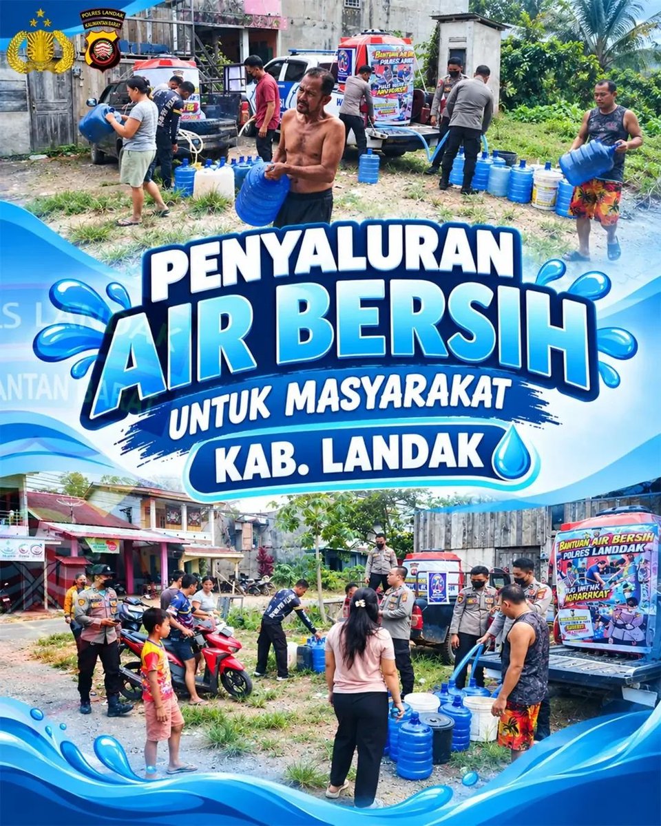 HumasNgabang's tweet photo. Hari ini, Polres Landak melaksanakan penyaluran air bersih kepada masyarakat yang terdampak kekeringan akibat musim kemarau dan fenomena El-Nino di wilayah Kabupaten Landak. Kegiatan ini merupakan bentuk kepedulian Polri dalam membantu memenuhi kebutuhan air bersih masyarakat https://t.co/cY4AsrCbiF