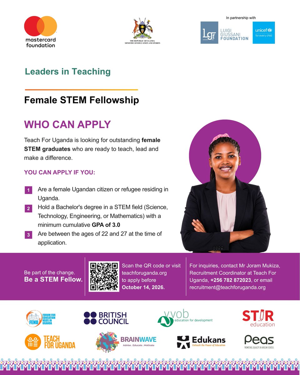 kasujjaibra's tweet photo. Final call, ladies in STEM 💜

The @TeachForUganda  Female STEM Fellowship under the Leaders in Teaching Program has updated its eligibility and extended the deadline to 14 Oct 2026.

Female STEM graduates aged 22–27 with CGPA 3.0+ can apply.

Visit: https://t.co/YYysybiqmC https://t.co/YqGAnjj7Ua