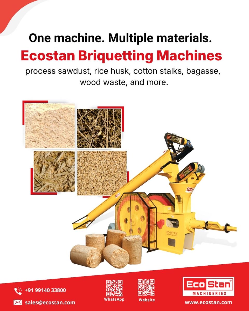 ecostanindia's tweet photo. ⚙️ Transform Biomass Waste Into Clean Energy.
🌱Convert biomass waste into high-density fuel briquettes with Ecostan Briquetting Machine.♻️
Sustainable energy starts here,
📞 +91 99140 33800
🌐 https://t.co/SZ1tL80rP0
#Ecostan #Biomass #RenewableEnergy #BriquettingMachine https://t.co/BrgZf1AmK9