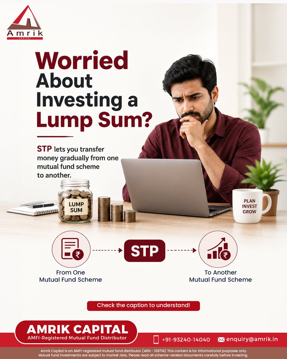 AmrikCapital's tweet photo. STP = Smart, Systematic Transfers 🔄

Move money periodically between mutual fund schemes within the same AMC. Market risk, tax and exit-load rules may apply.

#STP #MutualFunds #AmrikCapital https://t.co/dyxctZS1pg