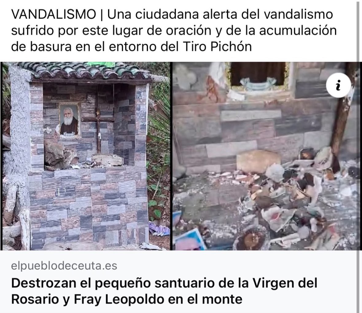 _SalvaOrtega's tweet photo. Destrozando santuarios religiosos.

Son auténticos animales y lo último que me faltaba por ver.

Para quienes sean de Ceuta sabrán cuánto de sagrado es Fray Leopoldo en la ciudad. https://t.co/X5ertMDvT7