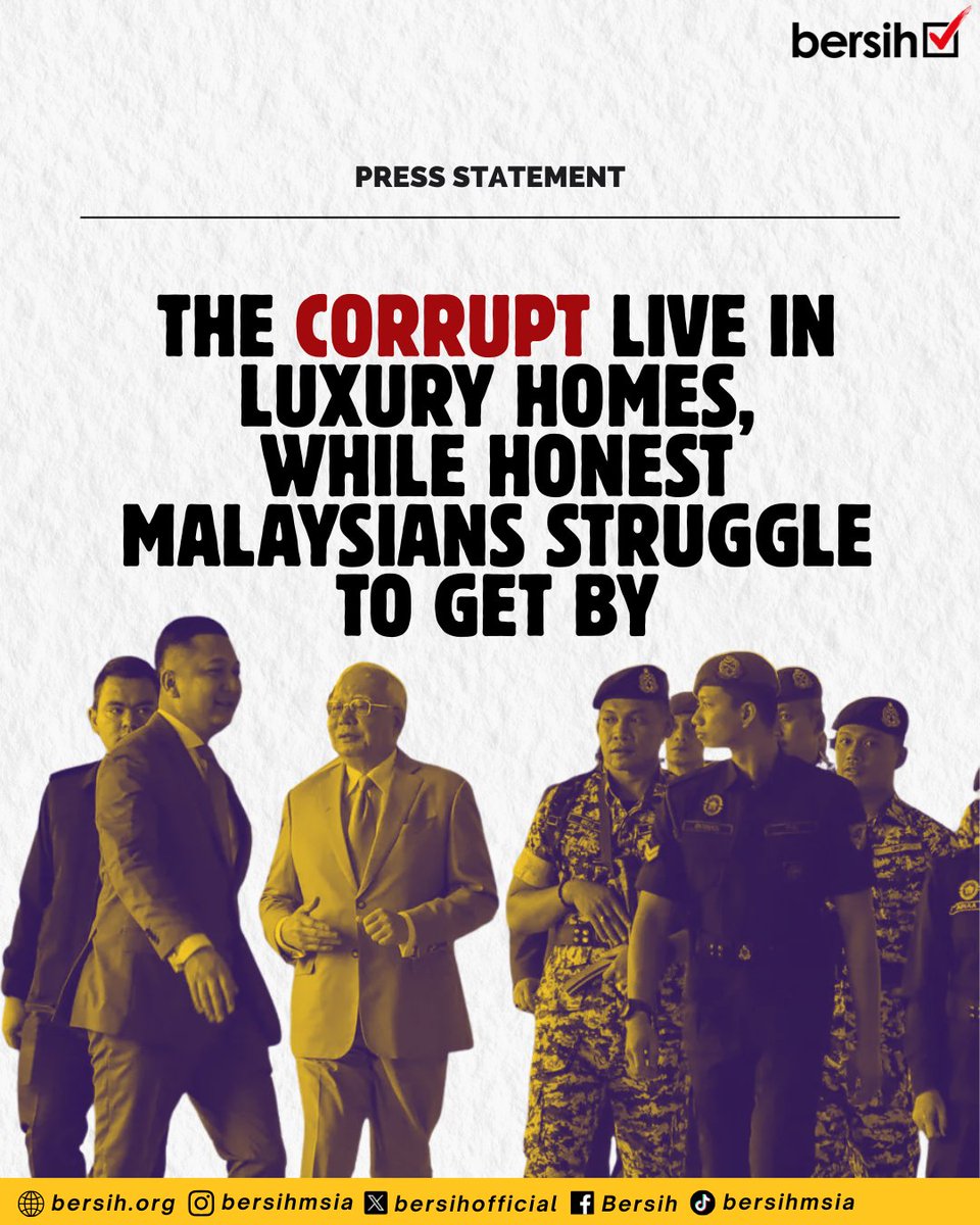 bersihofficial's tweet photo. Press Statement
18 September 2026

The Corrupt Live in Luxury Homes, While Honest Malaysians Struggle to Get By

The Coalition for Clean and Fair Elections (BERSIH) expresses deep disappointment concerning the pardon of former Prime Minister Najib Razak. In the latest development, the Yang di-Pertuan Agong (YDPA) and the Pardons Board have granted Najib Razak permission to serve the remainder of his sentence at home, on condition that he pays a fine of RM50 million and complies with other conditions that have not been disclosed. The RM50 million fine is itself a reduction from the original RM210 million.

This development undoubtedly comes as a devastating blow to the struggle for justice and to the Malaysian people's fight against corruption. For a long time, Malaysians have voiced their concerns over this issue of corruption, and even the YDPA himself has called on the government to combat corruption. By allowing Najib Razak to serve the remainder of his sentence at home, this will inevitably send a deeply confusing message to the public. On the one hand, we are fighting corruption and abuse of power; on the other, those implicated in and convicted of corruption and abuse of power can be released.

The 1MDB scandal is clear evidence of massive misconduct involving public funds and national interest. Billions in public funds have been lost and the country continues to bear a heavy debt burden as a result of this misconduct. This has become a dark chapter in our nation's history and the case has even attracted worldwide attention. More importantly, this concession has been granted without the public being informed, let alone consulted, on whether Malaysians agreed to his pardon and to his being placed under house arrest. This pardon has also been granted while Najib Razak is serving a 15-year prison sentence and an RM11.38 billion fine in the 1MDB case, which he is currently appealing at the Court of Appeal.

If Najib is pardoned today and granted the concession of serving his sentence under house arrest in his own home, which is undoubtedly more spacious and luxurious than the homes of ordinary Malaysians, will former prime ministers who are subsequently charged and convicted of corruption and abuse of power also be pardoned using the Najib case as a precedent? Who among those convicted of corruption will be released and pardoned next?

BERSIH, together with other civil society organisations, youth movements and student movements, will hold an emergency meeting soon to announce our next course of action. Actions taken by civil society and members of the public who disagree with the decision concerning Najib Razak should not be misconstrued as an attempt to disparage the YDPA's decision or as an act of disloyalty towards the YDPA. A decision made without clear explanation and acceptable conditions will make it difficult for Malaysians to accept that a corruptor can sleep soundly in the comfort of a luxurious home.

At a time when activists who fight and campaign against corruption have their bank accounts frozen and their movements restricted, those guilty of corruption and abuse of power are instead given discounts and pardons. There is only one word from the people: FIGHT!

Released by:
BERSIH Steering Committee