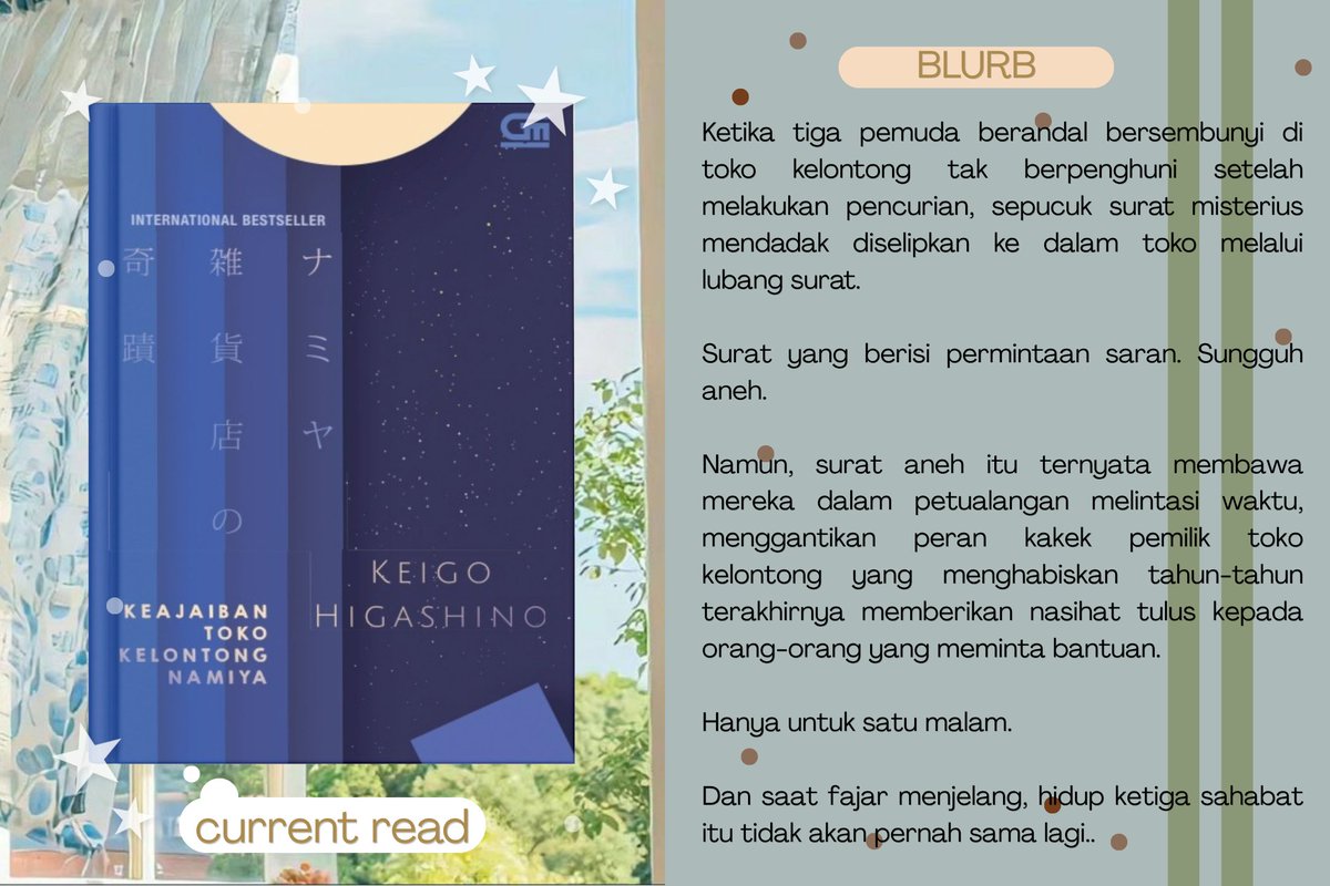 sorenavistha's tweet photo. ㅤㅤㅤㅤ
★—Current Reading.
Keajaiban Toko Kelontong Namiya by Keigo Higashino.
📚 : 398 pages.
ㅤㅤㅤㅤ https://t.co/lsYPVkJpVg