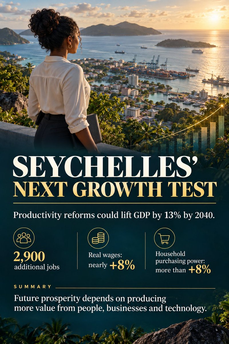 Dev_Discourse's tweet photo. World Bank-backed productivity reforms could raise Seychelles’ GDP by 13% by 2040, create 2,900 additional jobs and improve wages and household purchasing power. Success will depend on coordinated action to modernise business rules and strengthen workforce skills https://t.co/HA8vaFhBAh