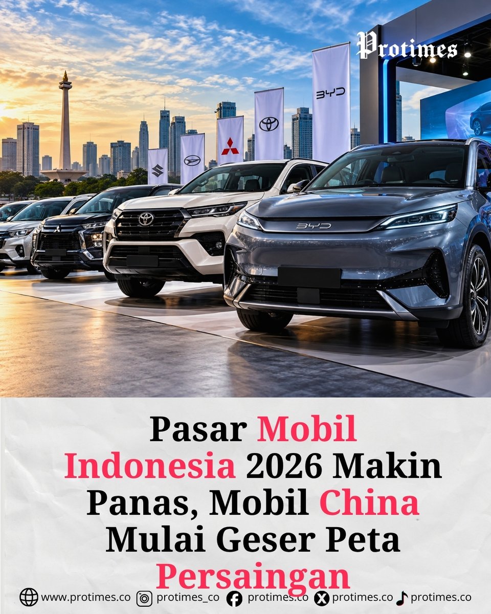 protimesdotco's tweet photo. Penjualan mobil nasional 2026 menunjukkan pertumbuhan, tetapi ada fenomena baru yang menarik perhatian: merek China dan kendaraan listrik semakin agresif merebut pasar Indonesia.

BYD bahkan mulai masuk jajaran atas penjualan bulanan, di tengah kuatnya dominasi merek Jepang. https://t.co/0M9TAjLZbb