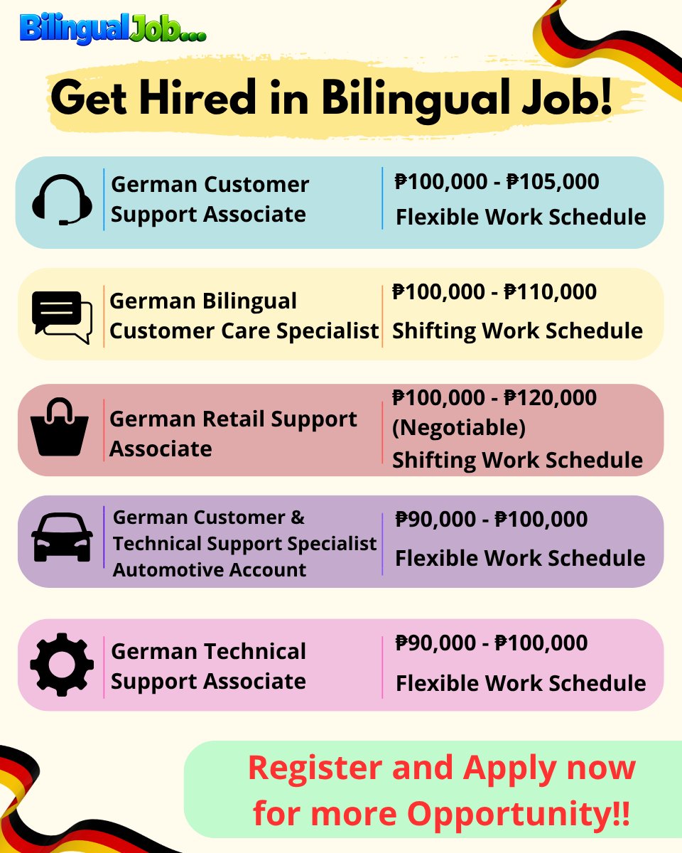 BilingualJob_'s tweet photo. 🇩🇪 GET HIRED IN BILINGUAL JOB! 💼✨

Looking for a German-speaking career opportunity? 

💰 ₱90,000–₱120,000+
💼 German Customer Support &amp; Technical Support Roles
🕐 Flexible &amp; shifting schedules available https://t.co/i6Ws7eGi19