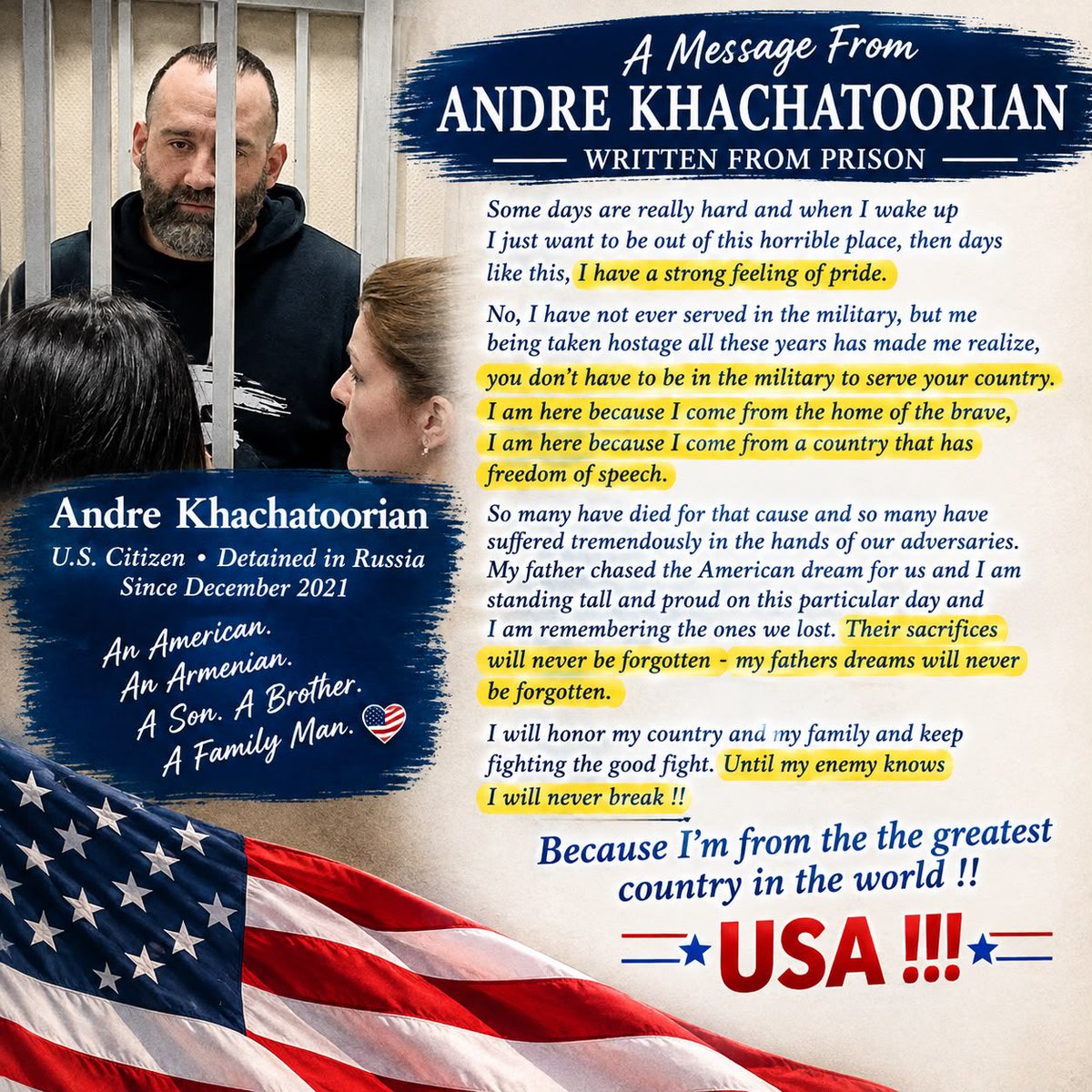 tatev84264's tweet photo. ๐จ LETTER FROM MY HUSBAND, AMERICAN CITIZEN ANDRE KHACHATOORIAN ,@freeandrekhach HELD HOSTAGE IN RUSSIA FOR ALMOST 5 YEARS!! #BRINGANDREHOME @realDonaldTrump
@POTUS
@SecRubio
@StateDept
@StateSPEHA
@RichardGrenell
@SebGorka
@BOFHcampaign
@JamesFoleyFund
@SEPeaceMissions https://t.co/fL3QdBwjzK