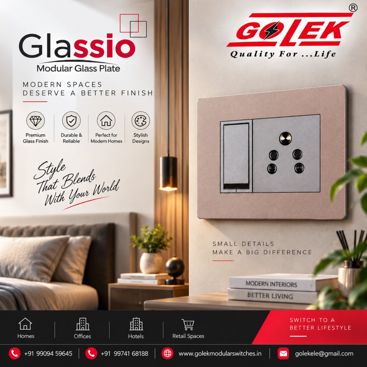 golekswitch's tweet photo. ✨ Upgrade your space with GOLEK Glassio.
Premium glass finish + durable design + modern aesthetics — made for homes, offices, hotels & retail spaces.
📞 +91 99094 59645 | +91 99741 68188
🌐 https://t.co/MF80MYIaYa
#GOLEK #Glassio #ModularSwitches https://t.co/PCnSStZXyc