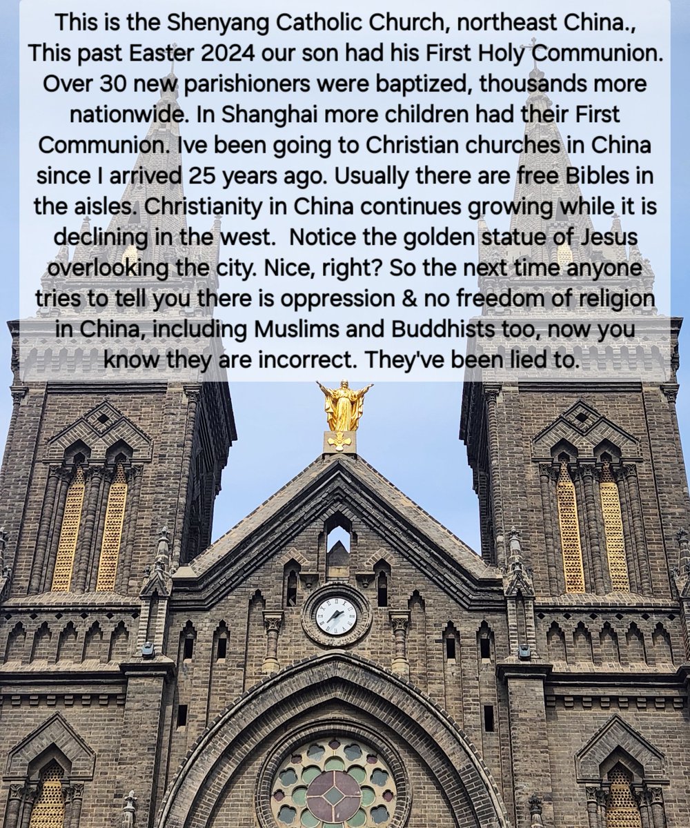 mariocavolo's tweet photo. ✨ The Truth About the Catholic Church in China by a Catholic Who Lives There for 26 Years✨

When it comes to the Catholic Church in China，Candace Owens has her head up her butt spewing lies. She is ignorantly misinformed and is the last person you should be listening to about anything regarding China especially as she's never set a foot inside a church in China.

Here's why...

There is NOTHING WRONG WHATSOEVER regarding the Catholic church in China

Since I am a Catholic living here in China for twenty six years，you would think i might know a lot more than Candace

And yea you're right, I do. So read on.

Our son received his First Holy Communion and Confession here in China.

Two years later，my Chinese wife attended weeks of our RCIA classes along with 50 other local Chinese adults who were baptized, confirmed and had their First Communions during the annual Easter Vigil Mass as happens in EVERY Catholic church across the world on that day welcoming new Catholics into the Body of Christ. 

Oh one more thing, our Catholic church here in Shenyang has Bibles in every pew...

They are Catholic Bible in Mandarin. They haven't been edited and there are no pictures of Chairman Mao or Xi Jin Ping in any of them or in any of the churches either.

Oh gosh one more thing...There's a big，beautiful full body golden statue of Jesus Christ with outstretched hands sitting on top of the 200 feet tall steeple of the church overlooking our city...enjoy the photos

Gee all that, eh? 

Let's continue...

There's not one single Catholic or Protestant in China who is prevented from practicing their faith...ZERO

Catholic Mass in China is IDENTICAL to every Catholic Mass in the Vatican Liturgical Mass calendar in every country on the planet. 

If you use your cell phone during Mass，one of the Mass attendants quickly comes up to you and admonishes you and tells you to put it away because you are obviously being disrespectful during Mass.

Good so far, right? 

So next lets talk about the problems with the Catholic church and how the Chinese govt PROTECTS it's citizens from those problems...

Which is what a responsible government is supposed to do for its citizens, protect them, right？

Shall I list the scandals? Gay Priests abusing boys FOR DECADES and then BISHOPS hiding it doing nothing more than sending that priest to a different parish to abuse more boys

You heard about that，right？

So did the Chinese government. 

That's why they allow the practice of the Catholic faith and all the churches，but choose to manage the organisation of the church including choosing those Bishops.

To keep an eye on them.

To not allow Bishops, Priests & Pastors to run amok in the society secretly sexually abusing the boys

You're with me on this，right？

I thought so

Next, let's talk about the Protestant churches,  cause i know you keep hearing about how those house churches are getting shut down and terribly oppressed, right?

What's the problem with them？

Well，they have a history of being infiltrated by the CIA in foreign countries to undermine and destabilize the society...that's well known. They have done it again & again in dozens of countries

Their pastors are hypocritical greedy fckwits who use private churches to collect illegal donations and launder money

The money they collect from elderly little old chinese ladies on low income pensions

You know about this too，right？

So does the Chinese government

So when the Chinese govt finds out there's a private illegal unregistered church group that formed and got bigger，they step in and shut it down.

Which is exactly what the government is supposed to do，that's their job.

To protect its Chinese citizens from church scandals and illegal activities, corruption and efforts to undermine the society.

See how that works?

Now you understand the true situation of the Catholic and Protestant churches in China 

Hope this helped. If you are a Catholic or Protestant，you owe it to every Catholic or Protestant on planet earth to share this post, thanks.

#China #Catholic #CandaceOwens @RealCandaceO @candaceoshow