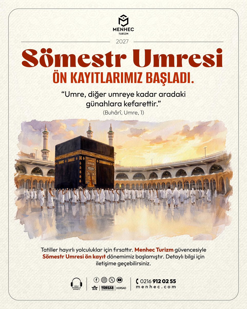 MenhecTurizm's tweet photo. Menhec Turizm güvencesiyle Sömestr Umresi ön kayıt dönemimiz başlamıştır.
Detaylı bilgi için iletişime geçebilirsiniz.
#menhec #menhecturizm #hac #umre #kültürturları https://t.co/QlOPidWzNR