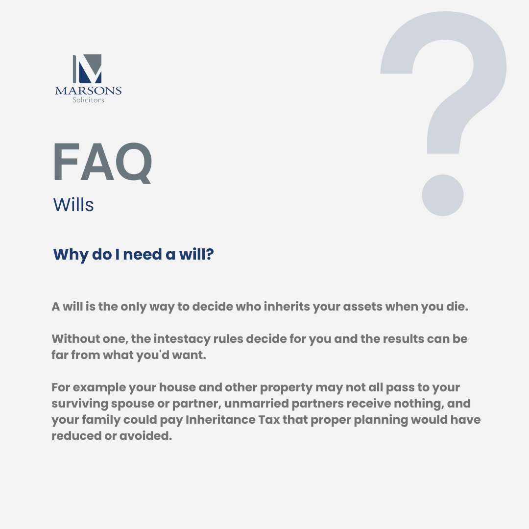 MarsonsLLP's tweet photo. A will is the only way to decide who inherits what you leave behind. 

Without one, the intestacy rules decide for you, and the outcome is often not what people expect. 

Our FAQ carousel covers what to know.

https://t.co/R2qHI9N9dQ 
.
.
.

#marsonssolicitors #bromleysolicitors https://t.co/XH0Je3prAp