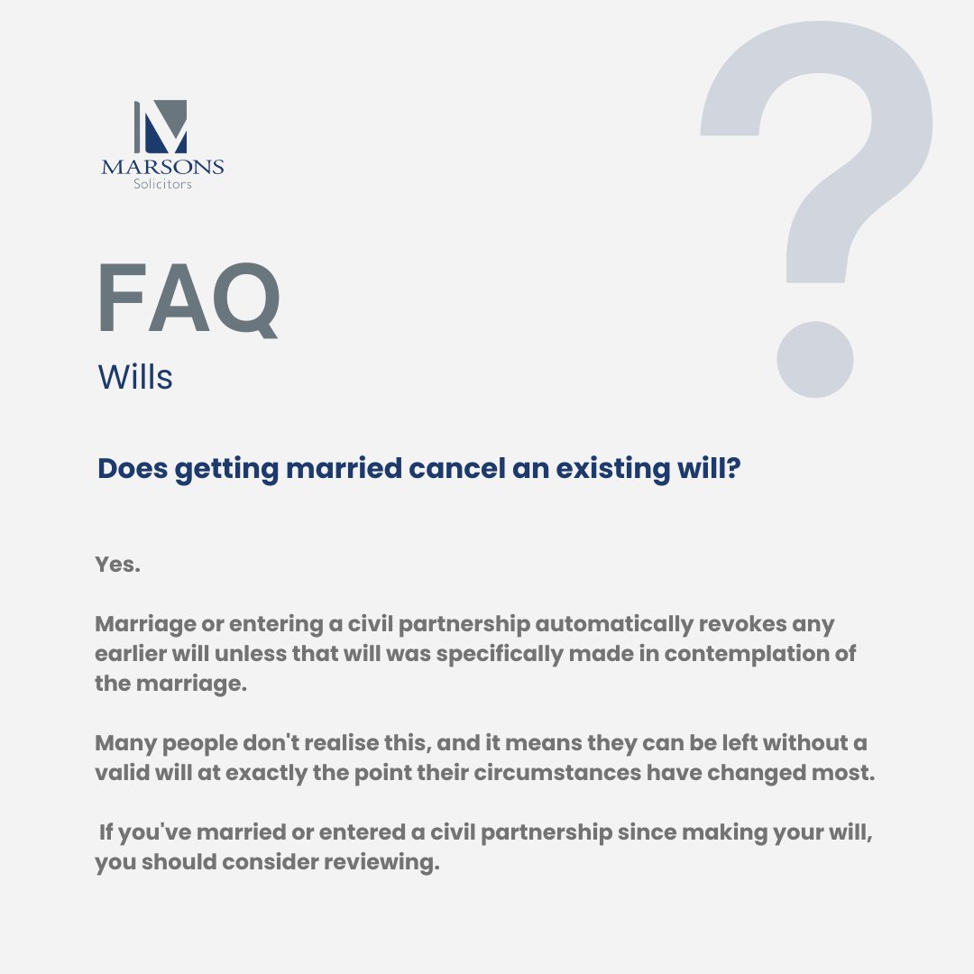 MarsonsLLP's tweet photo. A will is the only way to decide who inherits what you leave behind. 

Without one, the intestacy rules decide for you, and the outcome is often not what people expect. 

Our FAQ carousel covers what to know.

https://t.co/R2qHI9N9dQ 
.
.
.

#marsonssolicitors #bromleysolicitors https://t.co/XH0Je3prAp
