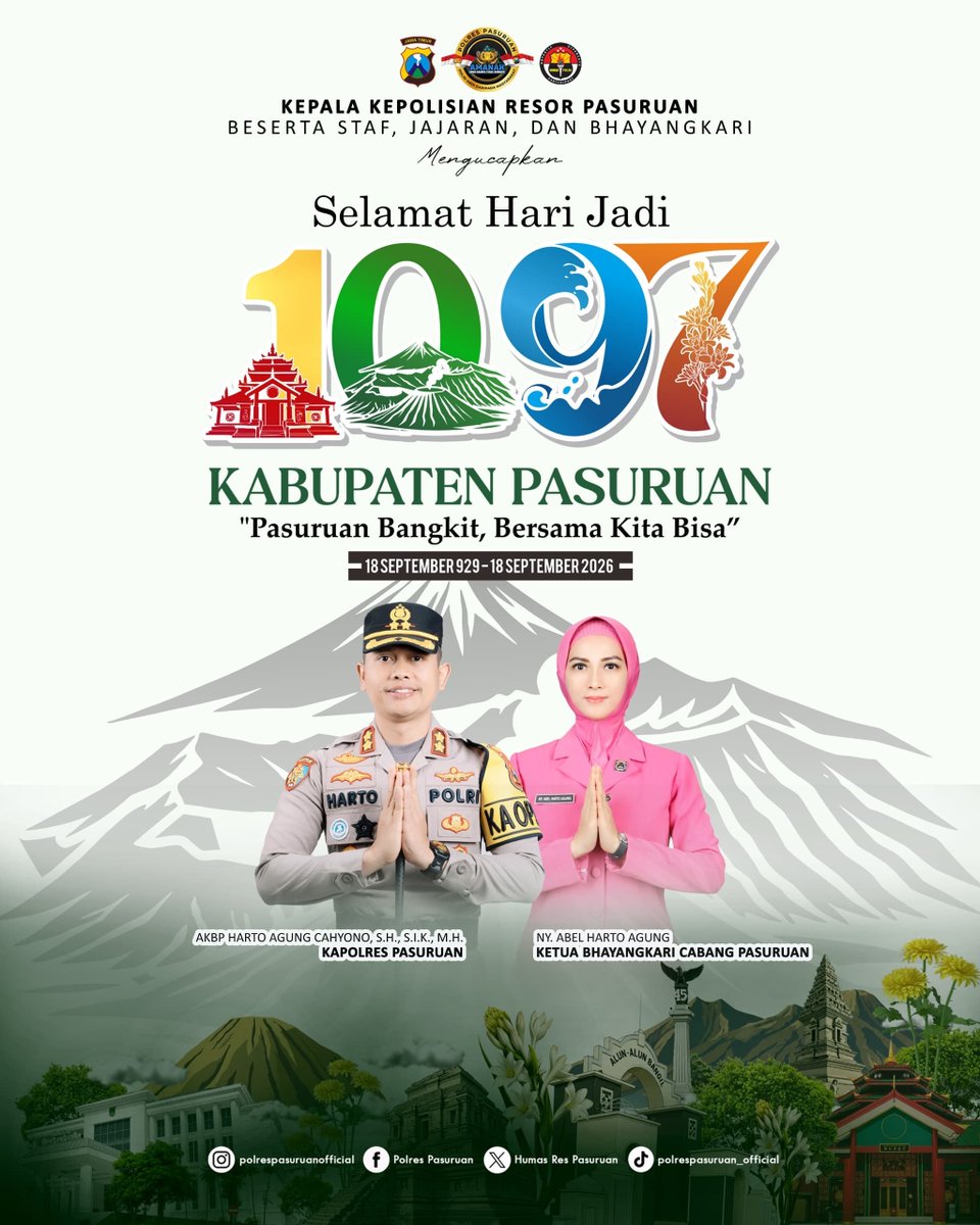 humaspandaan's tweet photo. Kapolres Pasuruan beserta Staf, Jajaran, dan Bhayangkari mengucapkan,

SELAMAT HARI JADI KE-1097 KABUPATEN PASURUAN
"Pasuruan Bangkit, Bersama Kita Bisa"

-18 September 2026-

#PolresPasuruan
#polripresisi
#polriuntukmasyarakat https://t.co/OcEBIOfikm